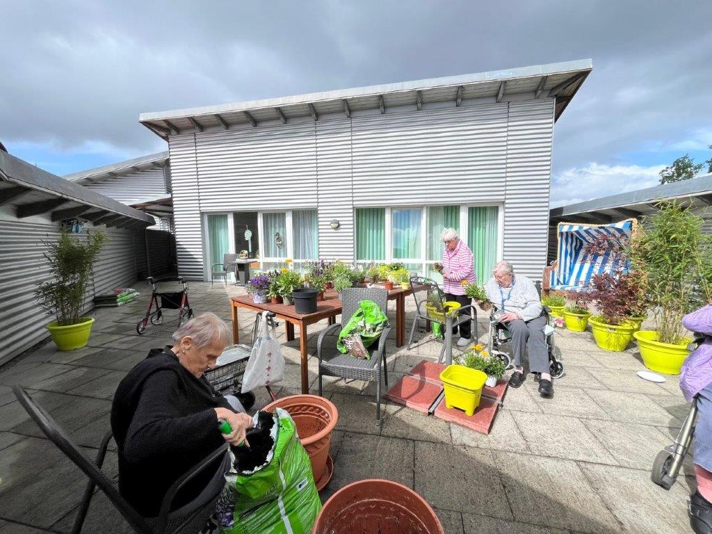 Gemeinsam wurden die neuen Blumentöpfe auf der Dachterrase bepflanzt.